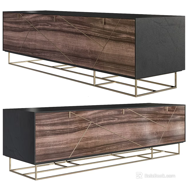 Elegant Modern TV Stand With Dark Wood Panel And Gold Metal Frame Design 3d model 