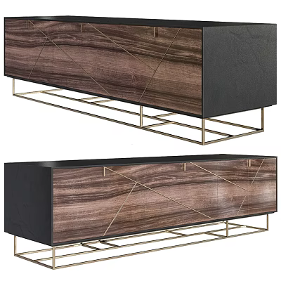 Elegant Modern TV Stand With Dark Wood Panel And Gold Metal Frame Design 3d model