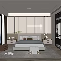 Modern Bedroom Interior Design With Bed Nightstands Hanging Lights Decorative Panels And Green Plant