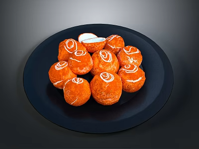 Orange Desserts With White Spiral Decorations On Black Plate And Cream Filling 3d model