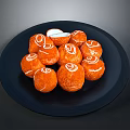 Orange Desserts With White Spiral Decorations On Black Plate And Cream Filling