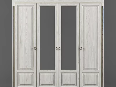 White Minimalist Wardrobe Design With Four Doors Glass And Wooden Panels 3d model