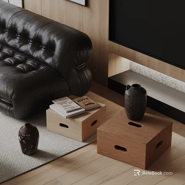Two Decorative Wooden Boxes In Living Room With Black Leather Sofa Ceramic Vases And Magazines 3d model 