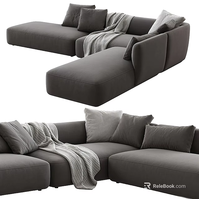 Comfortable Modern L Shaped Sectional Sofa with Gray Pillows and Throw Blanket 3d model 