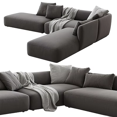 Comfortable Modern L Shaped Sectional Sofa with Gray Pillows and Throw Blanket 3d model