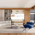 Modern Living Room Interior With White Curved Sofa Blue Bean Bag And Stone Coffee Table