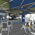 Modern Conference Room with Geometric Patterned Ceiling Blue Green Gray White Chairs and Projection Screen