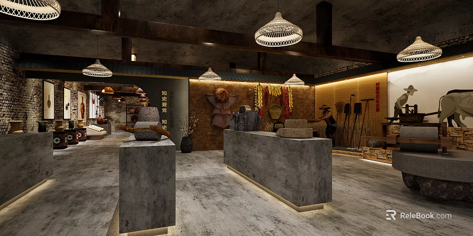 Traditional Exhibition Hall Interior With Concrete Counters Pendant Lights And Decorative Strips 3d model 