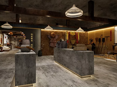 Traditional Exhibition Hall Interior With Concrete Counters Pendant Lights And Decorative Strips 3d model