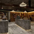 Traditional Exhibition Hall Interior With Concrete Counters Pendant Lights And Decorative Strips