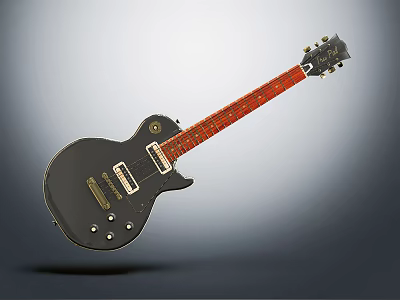 Electric Guitar Musical Instrument Black Body Red Neck Metal Parts Gradient Gray Background 3d model