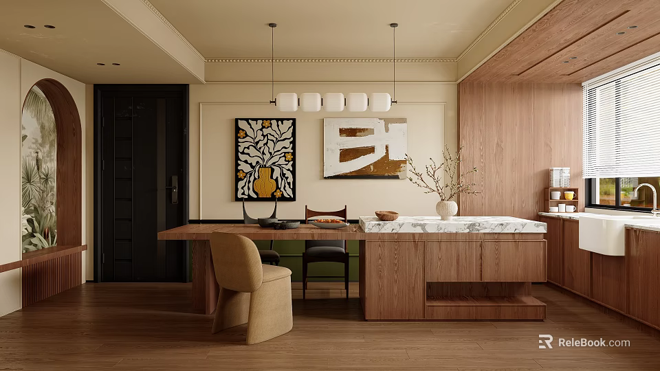 Modern Open Restaurant Interior With Wooden Dining Table Marble Countertop And Pendant Lights 3d model 