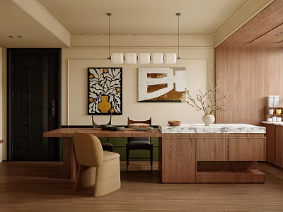 Modern Open Restaurant Interior With Wooden Dining Table Marble Countertop And Pendant Lights 3d model