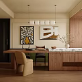 Modern Open Restaurant Interior With Wooden Dining Table Marble Countertop And Pendant Lights