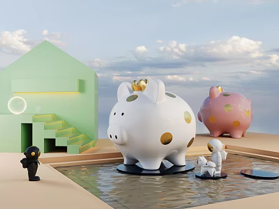 Decorative Ornament Set With Green House White Pink Piggy Banks Gold Spots And Small Figures 3d model