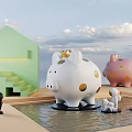 Decorative Ornament Set With Green House White Pink Piggy Banks Gold Spots And Small Figures