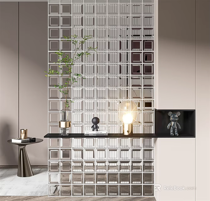 Modern Transparent Grid Room Divider Design With Green Plant Decorative Light And Furniture 3d model 