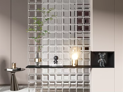 Modern Transparent Grid Room Divider Design With Green Plant Decorative Light And Furniture 3d model