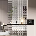 Modern Transparent Grid Room Divider Design With Green Plant Decorative Light And Furniture