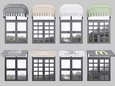 Various Colored Awnings Featuring Brand Logos Above Commercial Doors And Windows 3d model