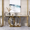 Modern Console Table Design With Gold Frame Marble Top And Decorative Artworks 3d model