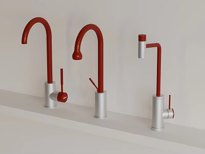 Three Faucets With Red Curved Spouts And Silver Bases On White Background Shelf 3d model
