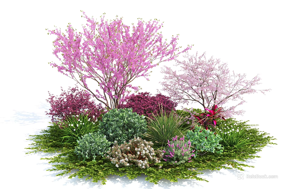 Pink Flowering Tree Surrounded by Various Shrubs and Green Garden Plants 3d model