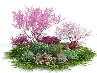 Pink Flowering Tree Surrounded by Various Shrubs and Green Garden Plants 3d model