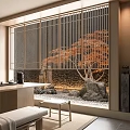 Traditional Japanese Tea Room Featuring Wooden Shelves Tea Sets Long Table Bench and Zen Garden