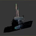 Detailed Miniature Watercraft Model With Green Hull Mast And Blue Water Base