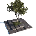 Square Stone Tree Pit With Green Leaf Tree And Stacked Stone Blocks 3d model