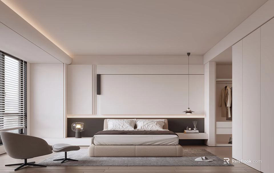 Modern Bedroom Interior With Platform Bed Open Wardrobe Pendant Light And Accent Chair 3d model 