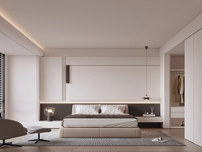 Modern Bedroom Interior With Platform Bed Open Wardrobe Pendant Light And Accent Chair 3d model