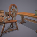 Vintage Wooden Collection Featuring Washstand Spinning Wheel And Table With Small Black Object