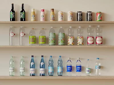 Various Bottles Arranged on Three Shelves with Colorful Labels and Designs 3d model