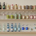 Various Bottles Arranged on Three Shelves with Colorful Labels and Designs