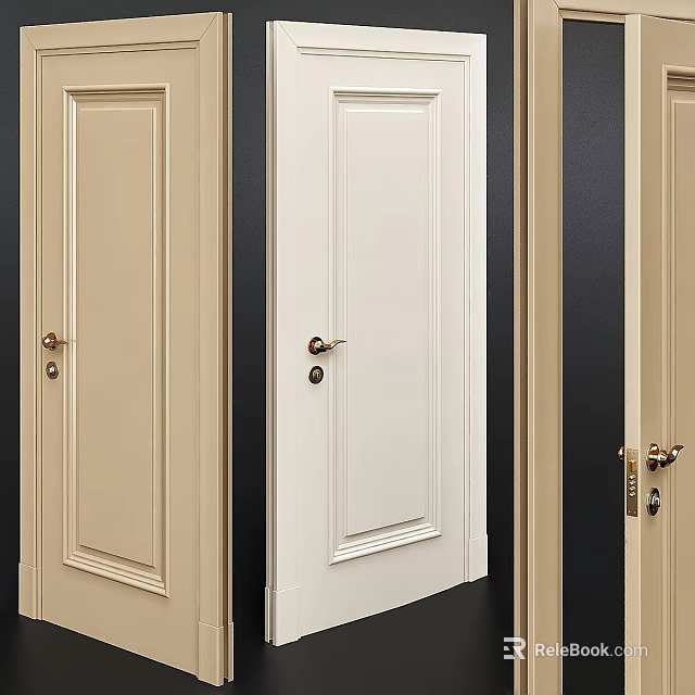 Classic Hinged Doors In Beige And White With Simple Panel Design And Metal Handles 3d model 