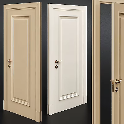 Classic Hinged Doors In Beige And White With Simple Panel Design And Metal Handles 3d model