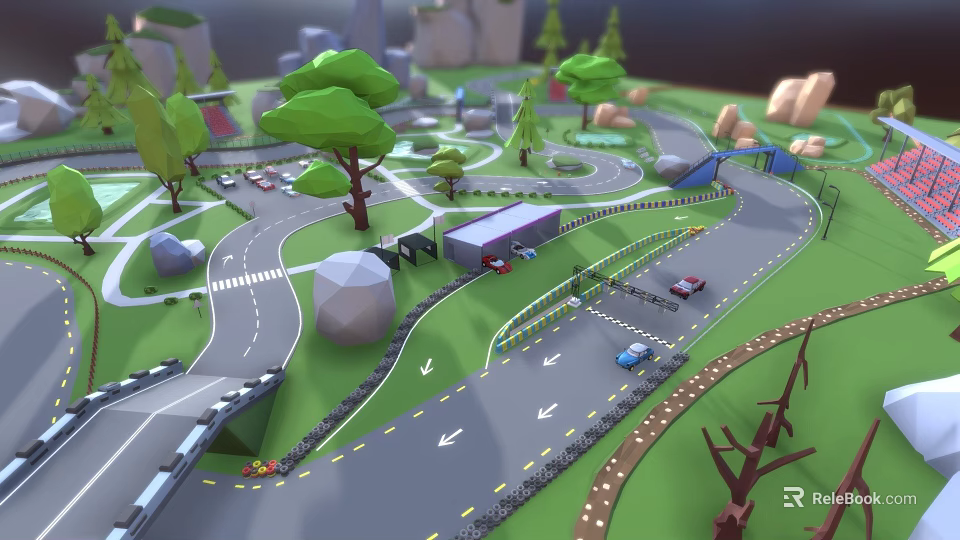 Game Character Exploring 3D Cartoon Scene With Roads Trees And Vehicles 3d model 