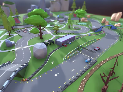Game Character Exploring 3D Cartoon Scene With Roads Trees And Vehicles 3d model