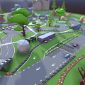 Game Character Exploring 3D Cartoon Scene With Roads Trees And Vehicles
