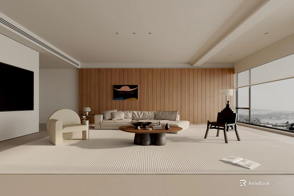 Modern Living Room Interior With Wooden Wall Sofa Coffee Table Area Rug And Large Window 3d model 