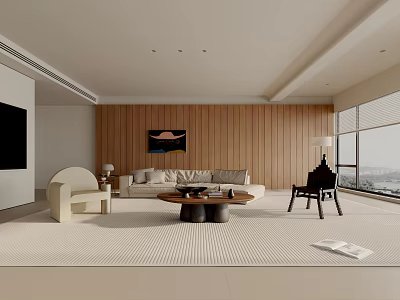 Modern Living Room Interior With Wooden Wall Sofa Coffee Table Area Rug And Large Window 3d model