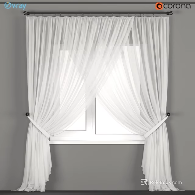 Sheer White Curtains With Tiebacks On Double Pane Window Gray Wall 3d model 