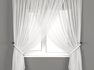 Sheer White Curtains With Tiebacks On Double Pane Window Gray Wall 3d model