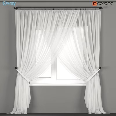 Sheer White Curtains With Tiebacks On Double Pane Window Gray Wall 3d model