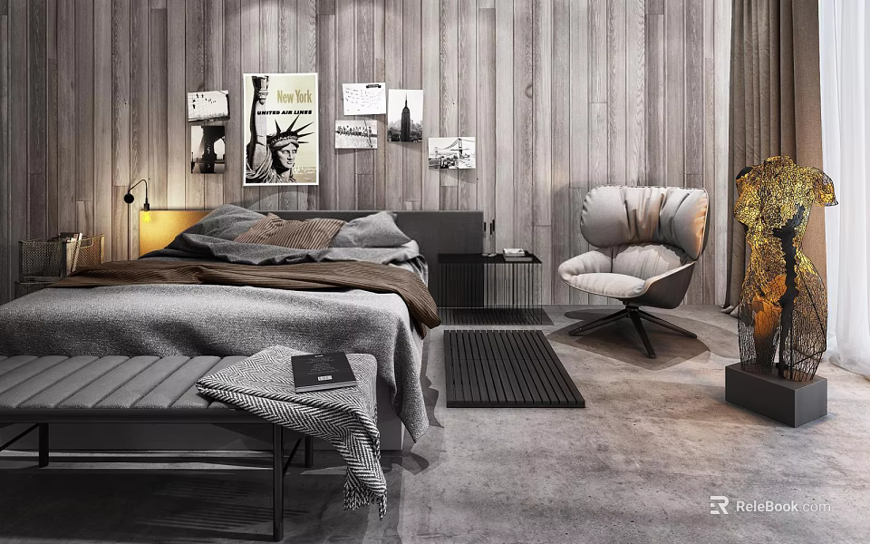 Bedroom Background Double Bed with Wooden Wall Decorative Paintings Gray Armchair and Footstool 3d model 
