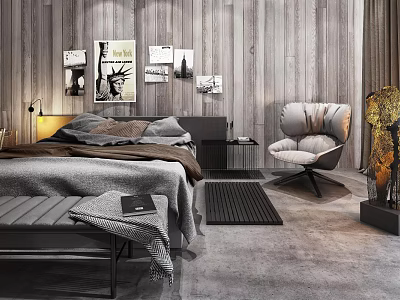 Bedroom Background Double Bed with Wooden Wall Decorative Paintings Gray Armchair and Footstool 3d model