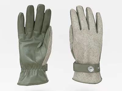 Green Leather And Suede Gloves With Adjustable Buckle Strap For Winter Use 3d model