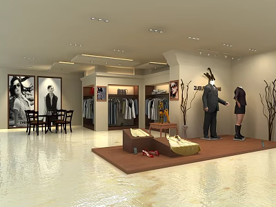 Stylish Clothing Store Interior With Mannequins Clothing Displays Seating And Decorative Art 3d model